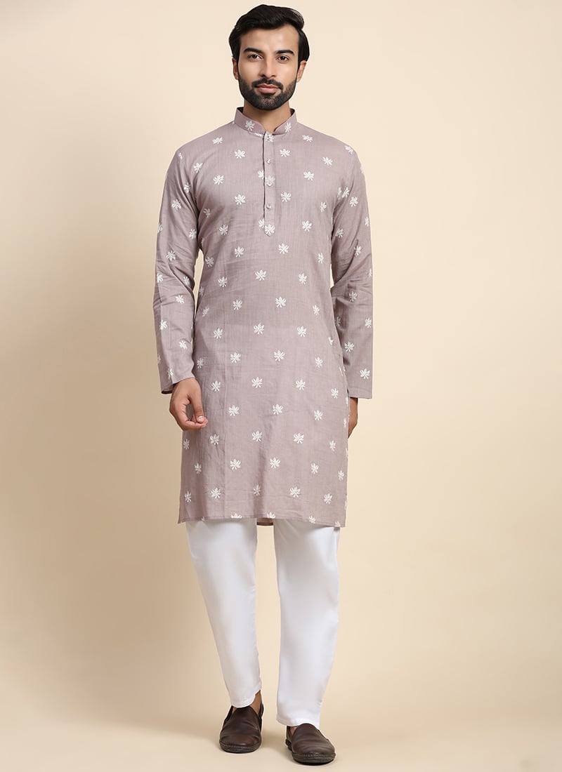Lilac Blended Cotton Embroidered Kurta