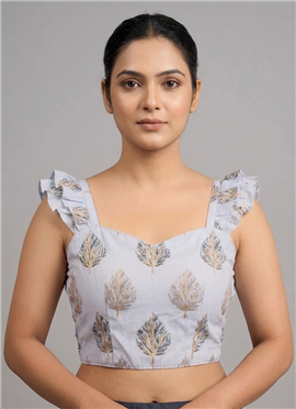 Lilac Chanderi Silk Printed Smocking Stretchable Blouse