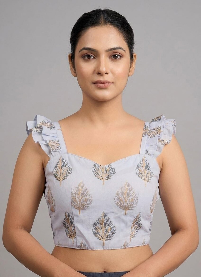 Lilac Chanderi Silk Printed Smocking Stretchable Blouse Festive Wear