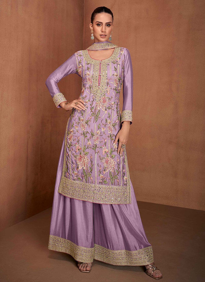 Lilac Chinon Embroidered Mirror And Stone Work Sequins Palazzo Suit Festive Wear