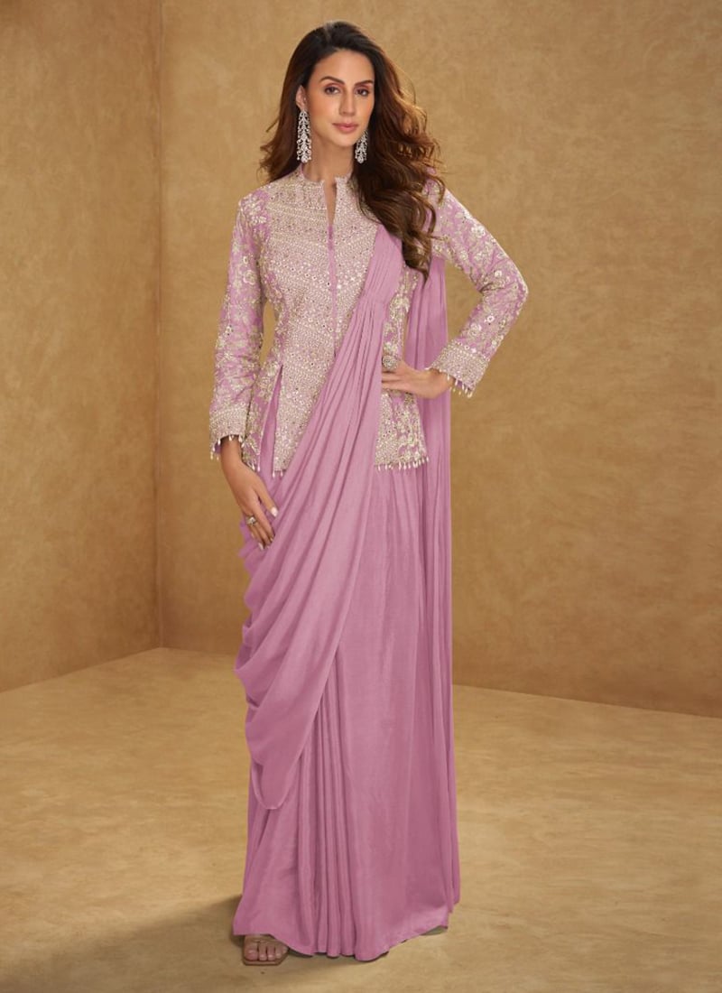 Lilac Chinon Embroidered Mirror Work Sequins Hand Work Saree Wedding Wear