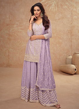 Lilac Chinon Embroidered Sequins Pakistani Palazzo Suit