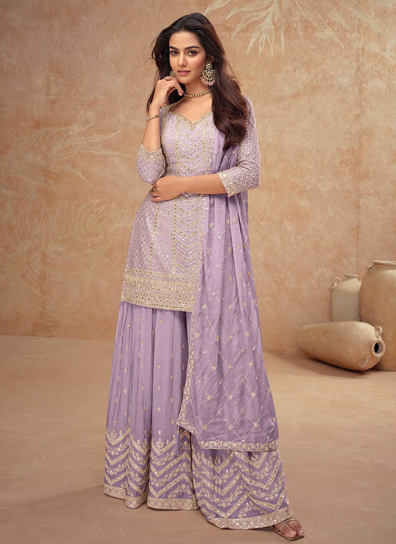 Lilac Chinon Embroidered Sequins Pakistani Palazzo Suit Festive Wear