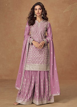 Lilac Chinon Silk Zari Embroidered Palazzo Suit