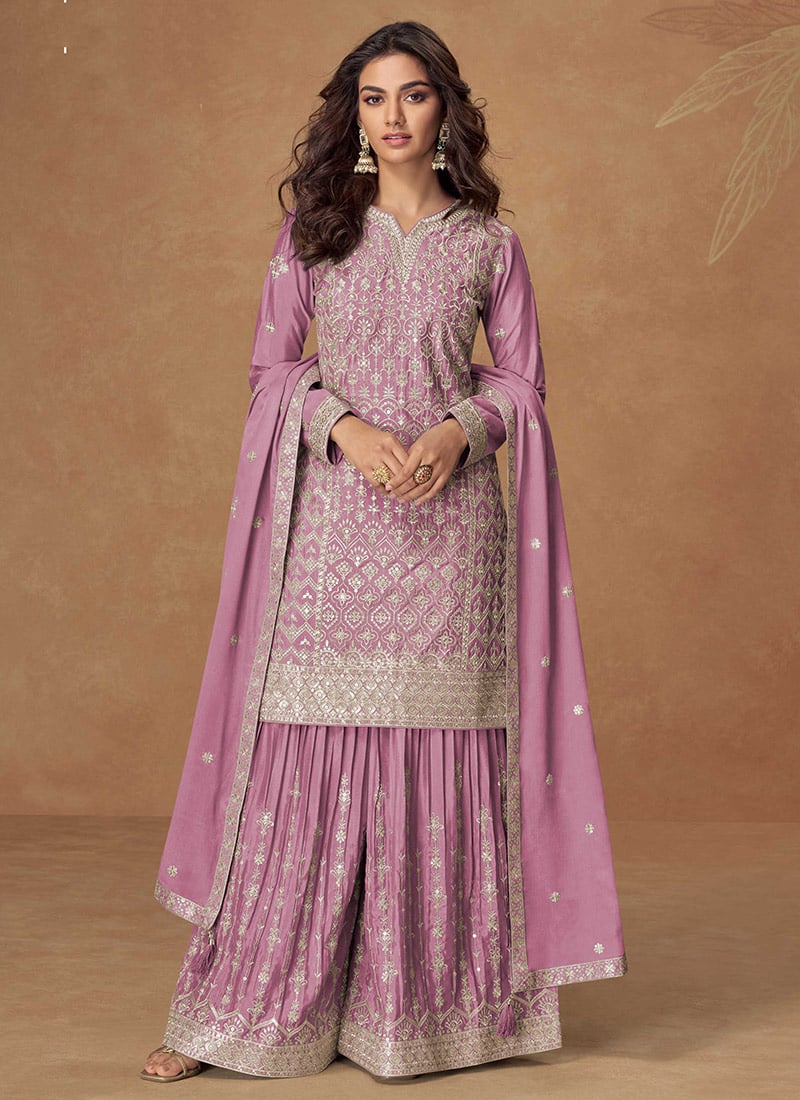 Lilac Chinon Silk Zari Embroidered Palazzo Suit Festive Wear