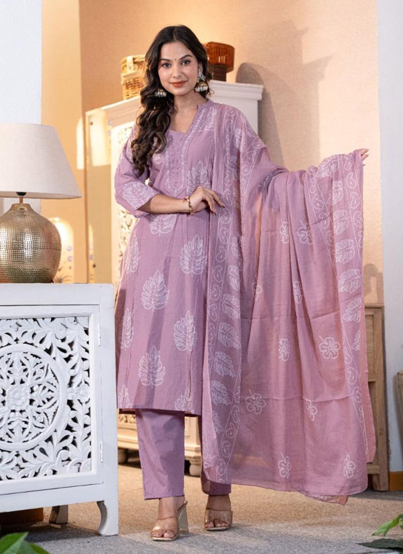 Lilac Cotton Embroidered Printed Straight Pant Suit After Six Wear