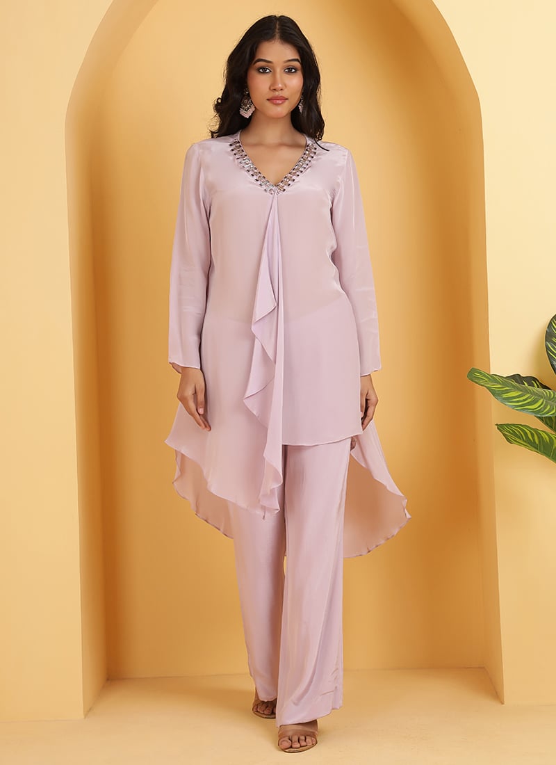 Lilac Crepe Kundan Work Co ord Set After Six Wear