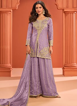 Lilac Fandy Silk Zari Embroidered Sequins With Mirror Work Palazzo Suit