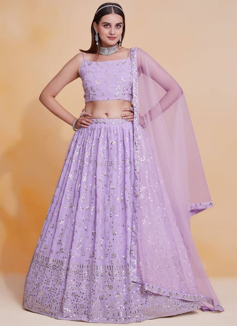 Lilac Faux Georgette Embroidered Sequins Lehenga Wedding Wear