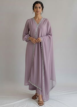 Lilac Faux Georgette Lace Work Straight Pant Suit