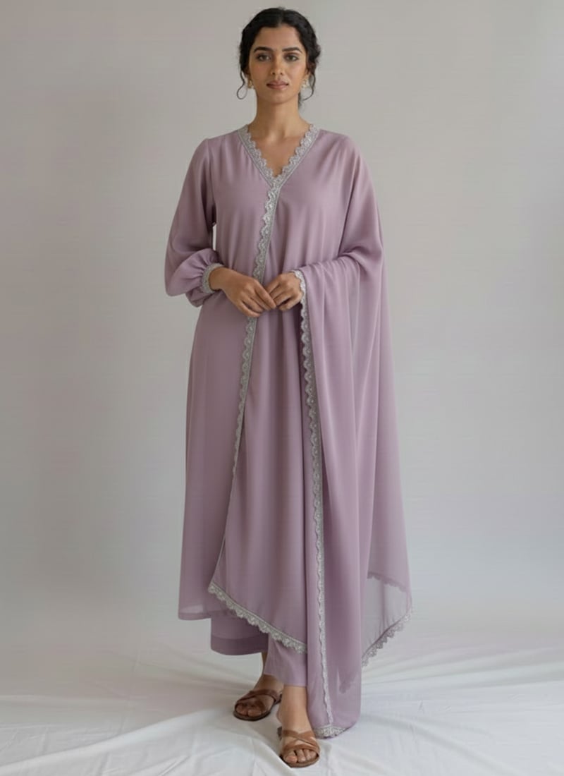 Lilac Faux Georgette Lace Work Straight Pant Suit Festive Wear