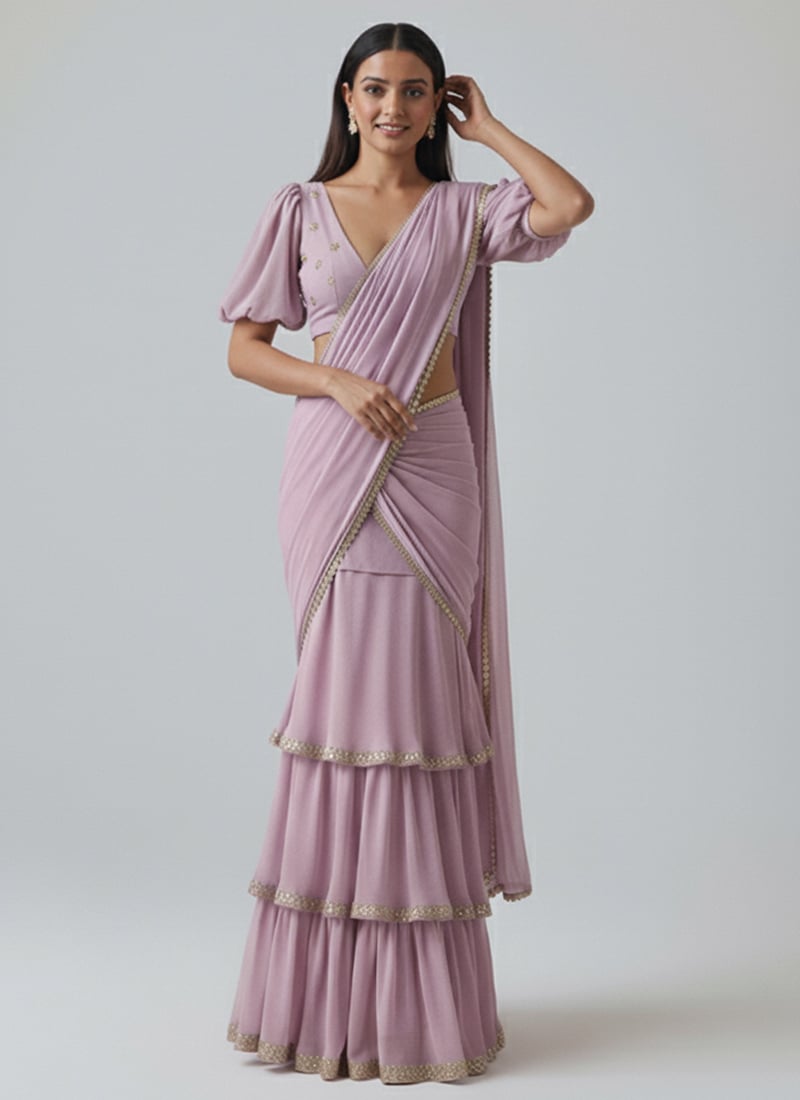 Lilac Faux Georgette Sequins Embroidered And Zari Lehenga Saree Festive Wear