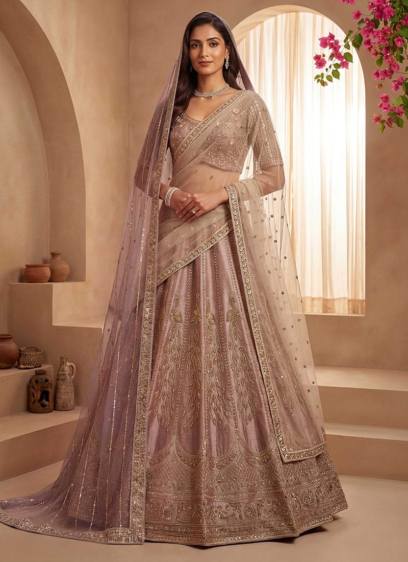 Lilac Gadhwal Silk Hand Embroidered Sequence Embroidery Lehenga Wedding Wear