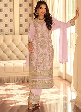 Lilac Georgette Embroidered Sequins And Beads Straight Pant Suit