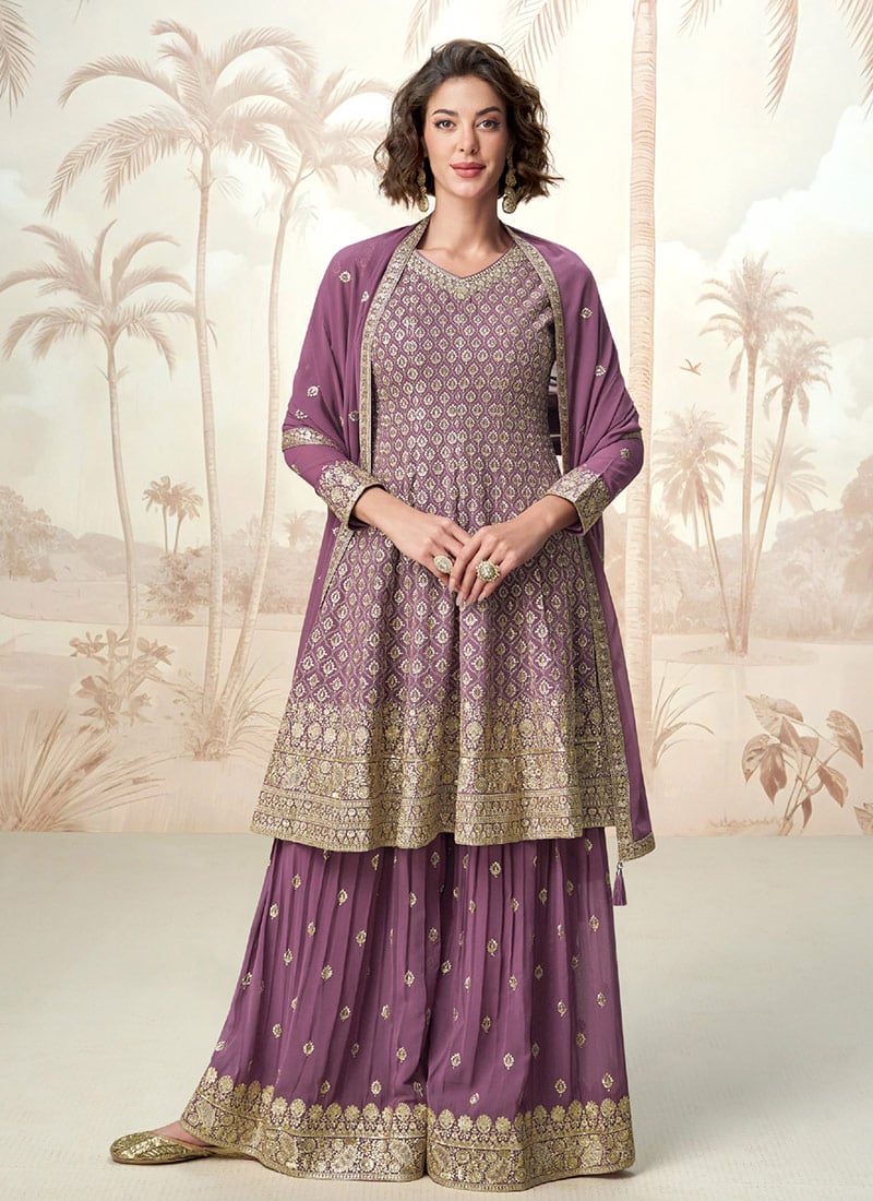 Lilac Georgette Embroidered Sequins Stunning A Line Pakistani Palazzo Suit