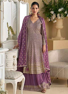 Lilac Georgette Embroidered Sequins With Stone Work Pakistani A Line Palazzo Suit