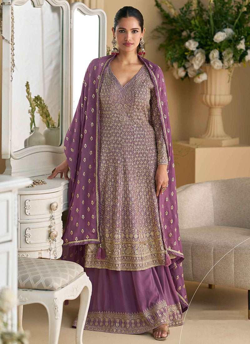 Lilac Georgette Embroidered Sequins With Stone Work Pakistani A Line Palazzo Suit Festive Wear