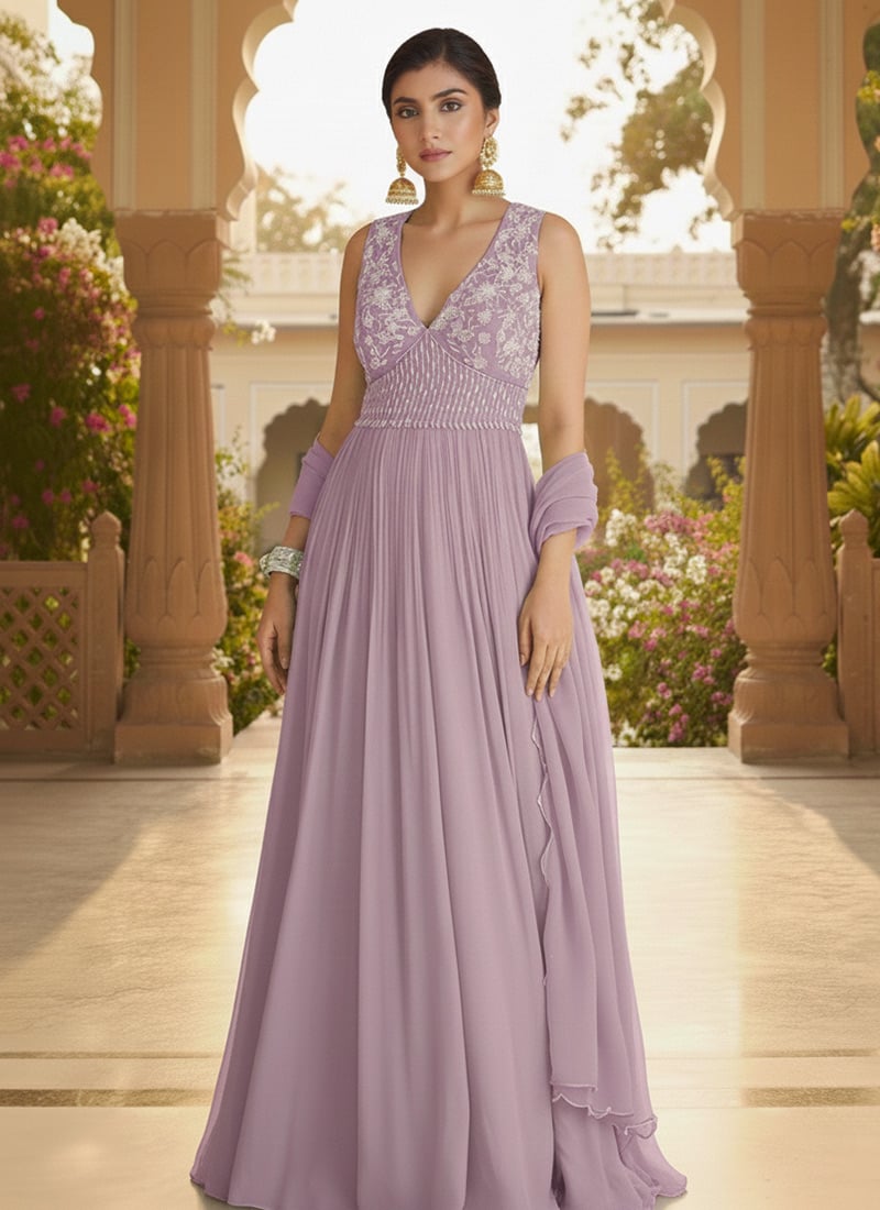 Lilac Georgette Hand Embroidered Beads Work Anarkali Suit Festive Wear