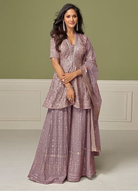 Lilac Georgette Hand Embroidered Palazzo Suit