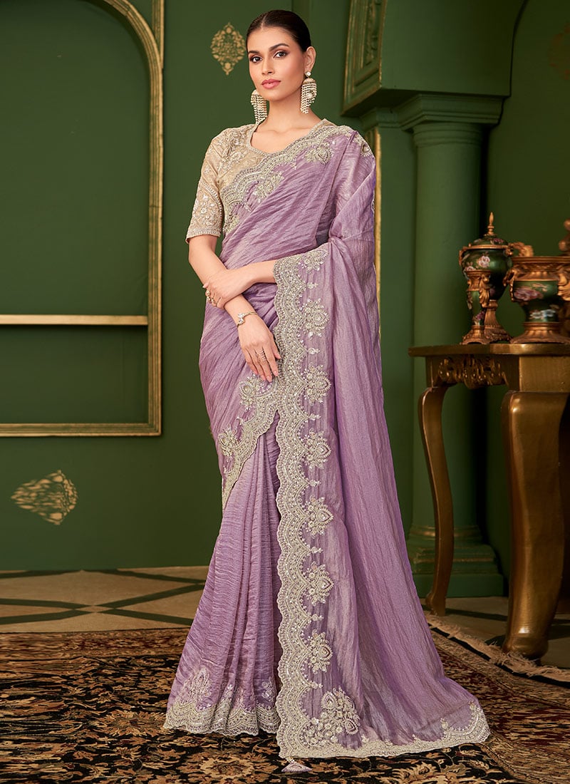 Lilac Georgette Silk Zari Embroidered Sequins Saree Wedding Wear