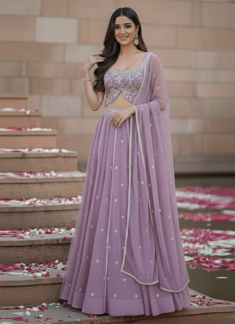 Lilac Georgette Zari Hand Embroidered Sequins Lehenga Wedding Wear