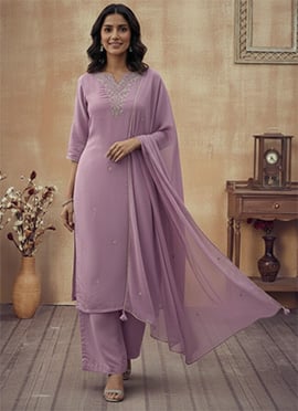 Lilac Georgette Zari Sequins Hand Embroidered Palazzo Suit
