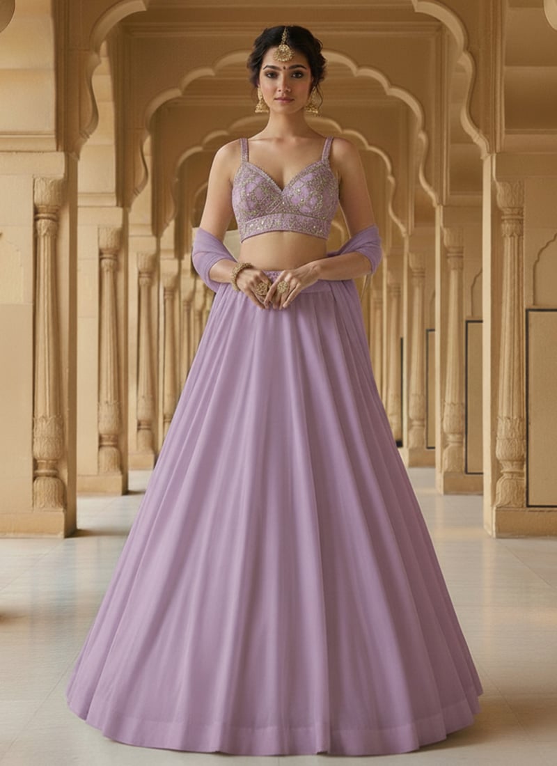 Lilac Georgette Zari Sequins Lehenga Set Festive Wear