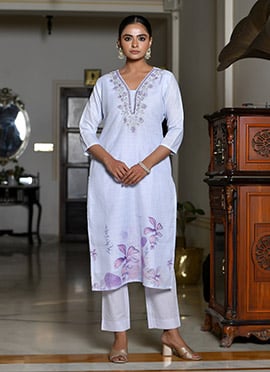 Lilac Linen Embroidered Digital Print Straight Pant Suit