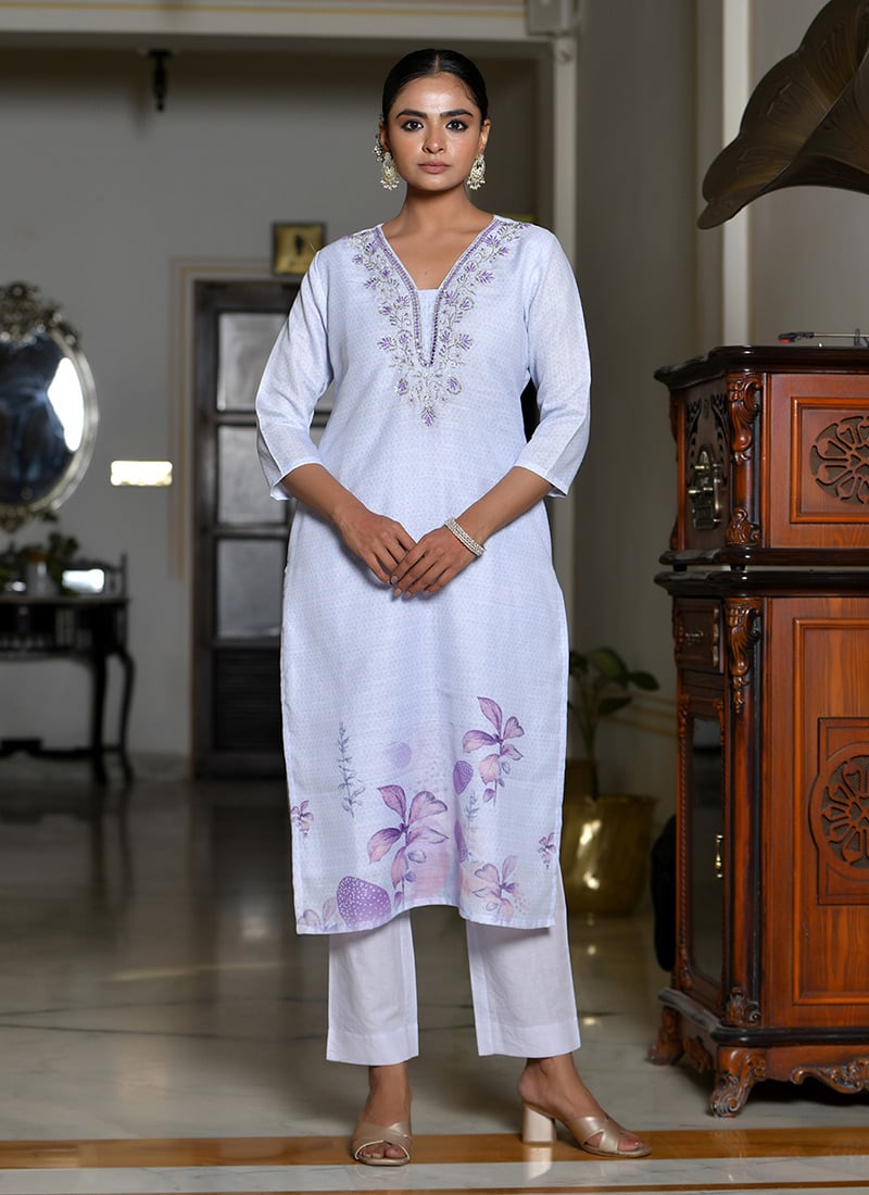 Lilac Linen Embroidered Digital Print Straight Pant Suit