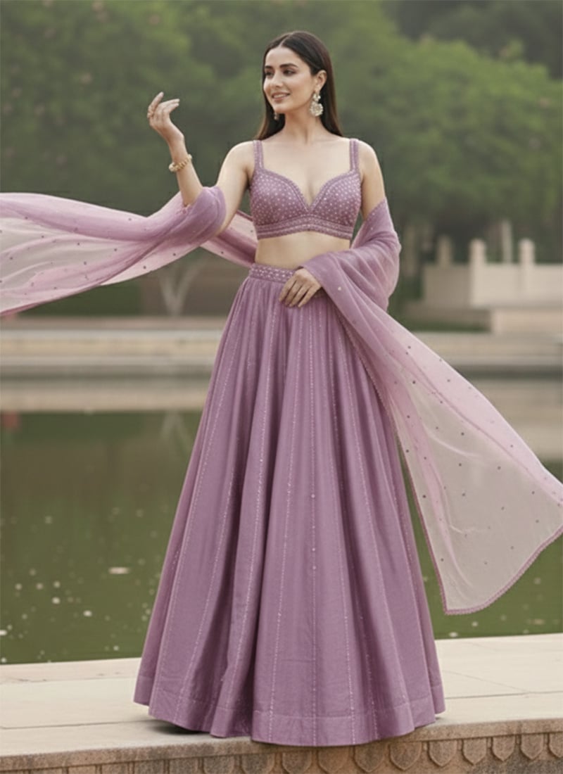Lilac Malai Satin Hand Embroidered Sequins Lehenga Wedding Wear