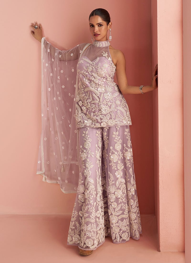 Lilac Net Embroidered Sequins Beads Work Palazzo Suit Festive Wear