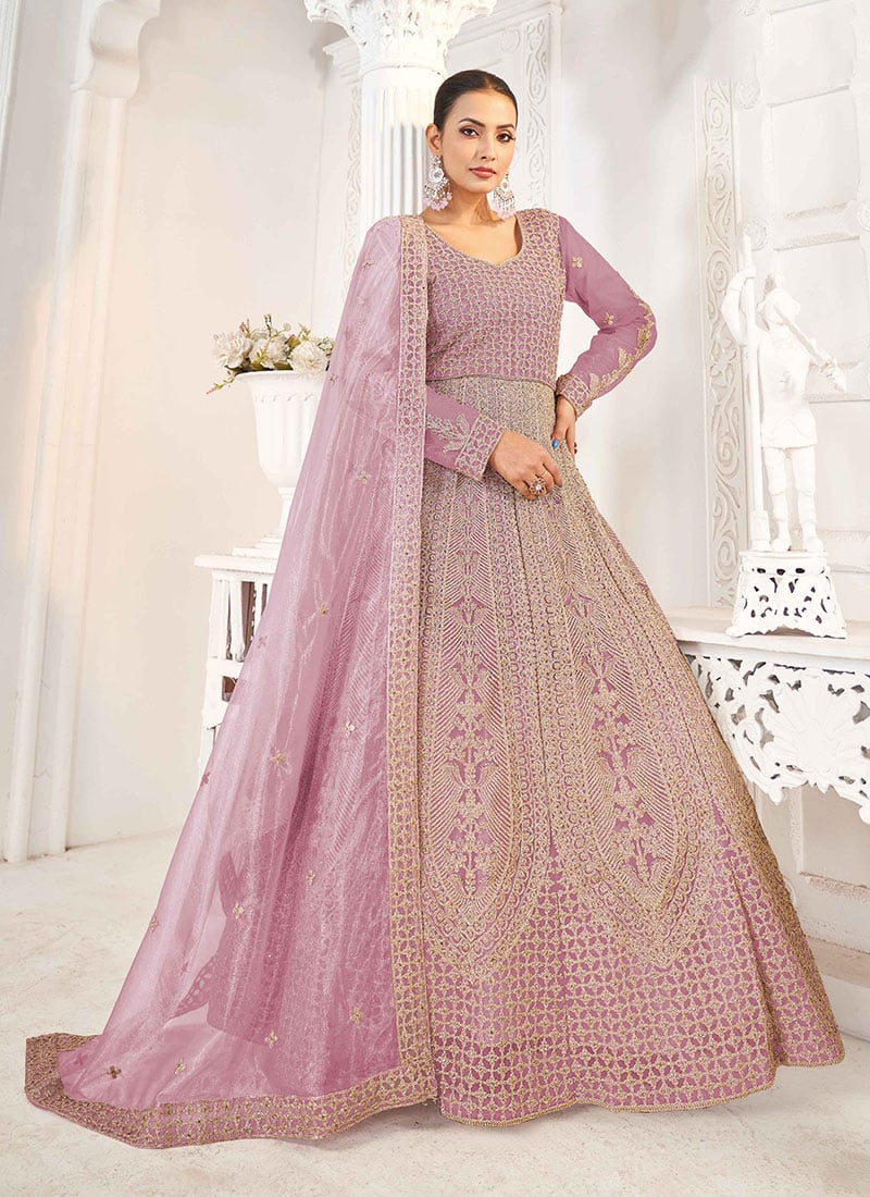 Lilac Net Embroidered Stone And Sequins Work A Line Anarkali Suit