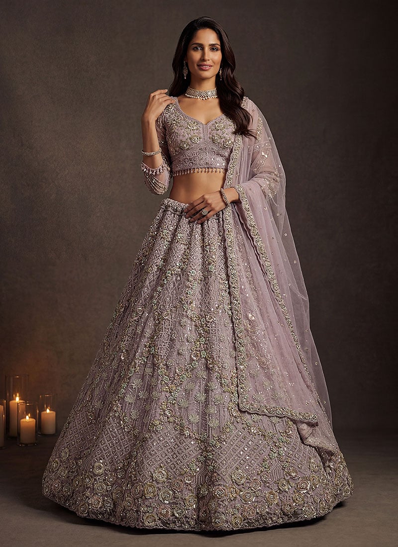 Lilac Net Embroidery Sequence Work Lehenga Wedding Wear