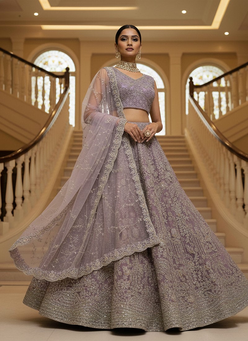 Lilac Net Zari Sequins Embroidered Thread Zarkan Stones Umbrella Lehenga Wedding Wear