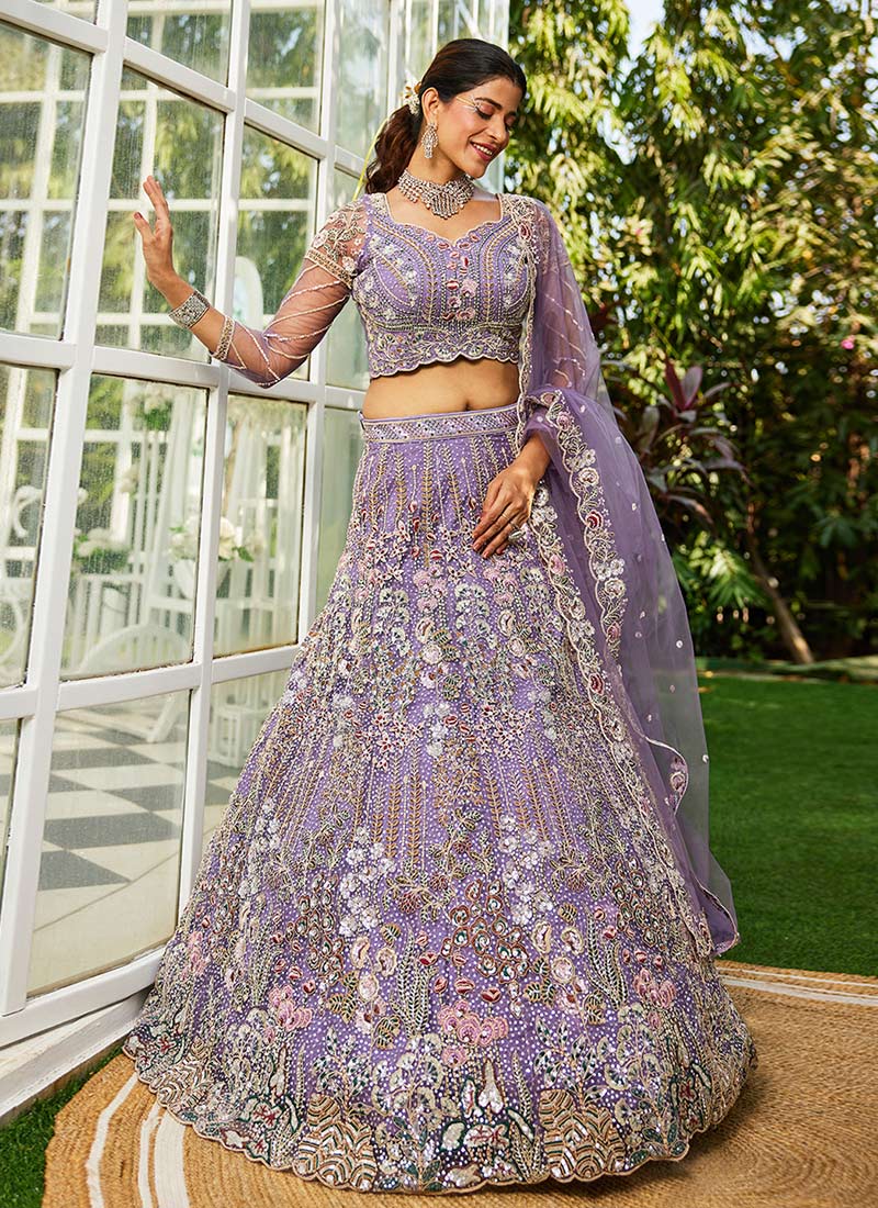 Lilac Net Zarkan Embroidered Sequins With Stone Work Regal Lehenga Wedding Wear