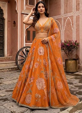 Mustard Organza Digital Print Hand Embroidered Sequins Lehenga