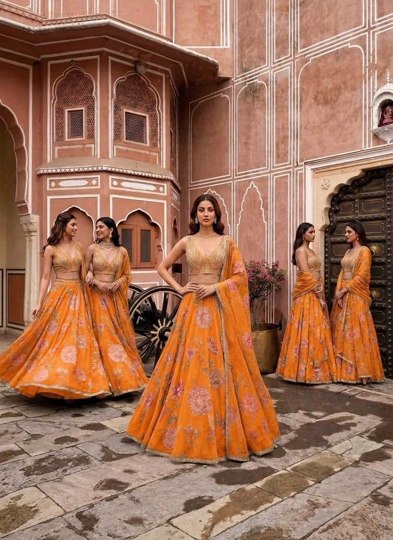 Mustard Organza Digital Print Hand Embroidered Sequins Lehenga Wedding Wear