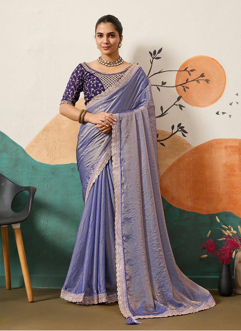 Lilac Organza Embroidered Sequin Saree Festive Wear