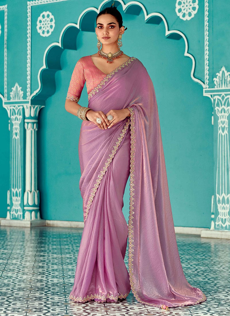 Lilac Organza Zari Embroidered Sequins Saree Festive Wear