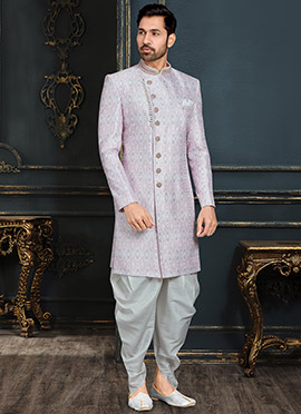 Lilac Purple Benarasi Jacquard Sequins Classic Sherwani