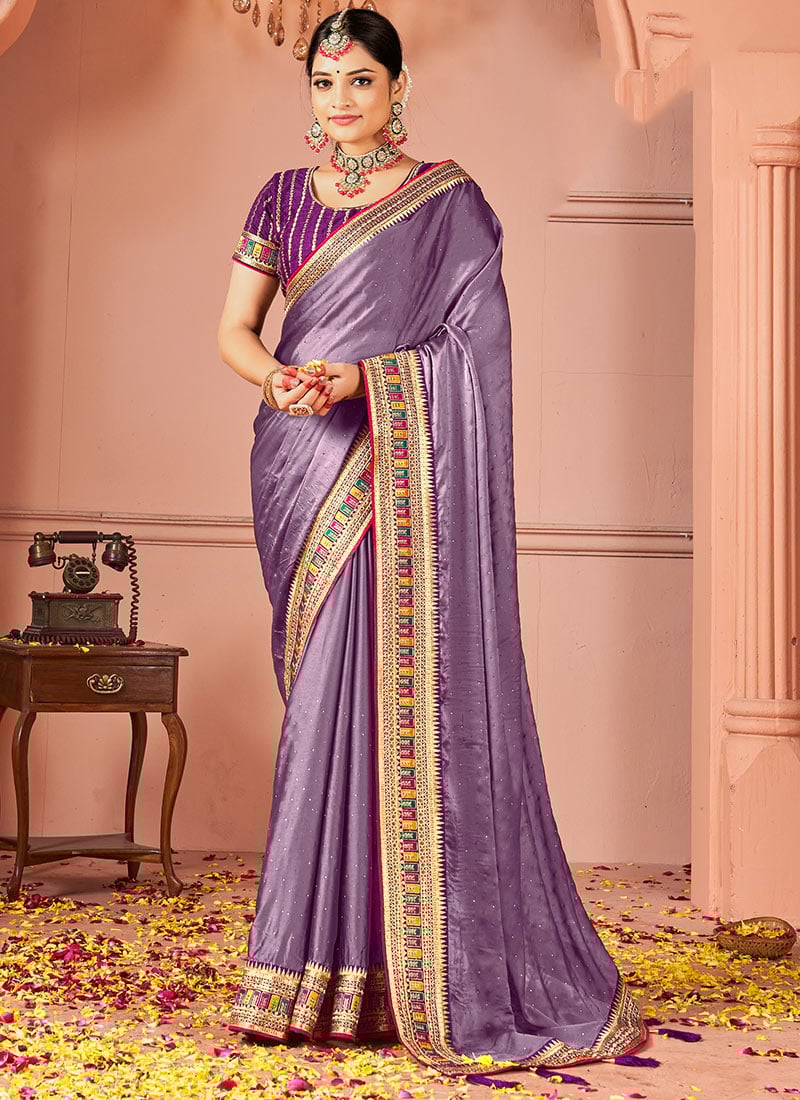 Lilac Rangoli Silk Embroidered Sequins Zari Saree Festive Wear