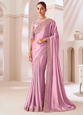 Lilac Satin Chiffon Embroidered And Sequins Saree