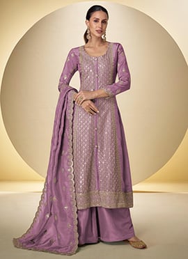 Lilac Shimmer Silk Embroidered Sequins High Slit Palazzo Suit