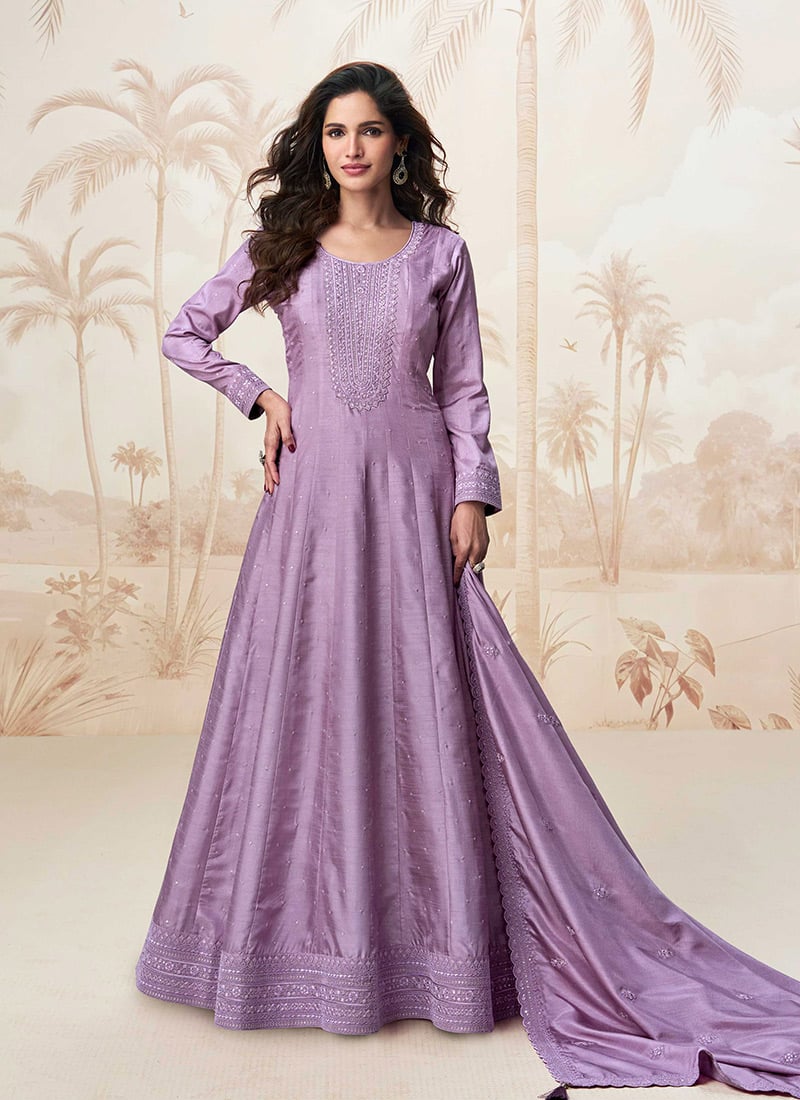 Lilac Silk Embroidered Sequins A Line Anarkali Suit Festive Wear