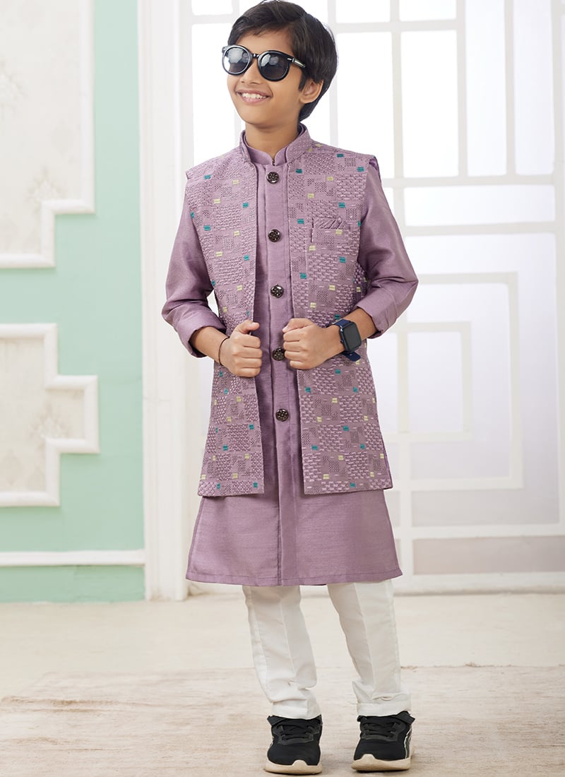 Lilac Silk Embroidered Sequins Kids Boys Bandi Set Festive Wear
