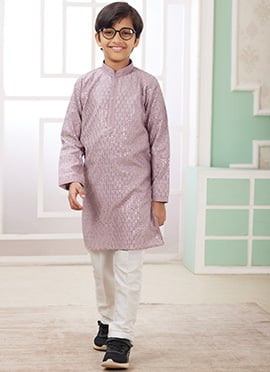 Lilac Silk Embroidered Sequins Kids Boys Kurta Pyjama