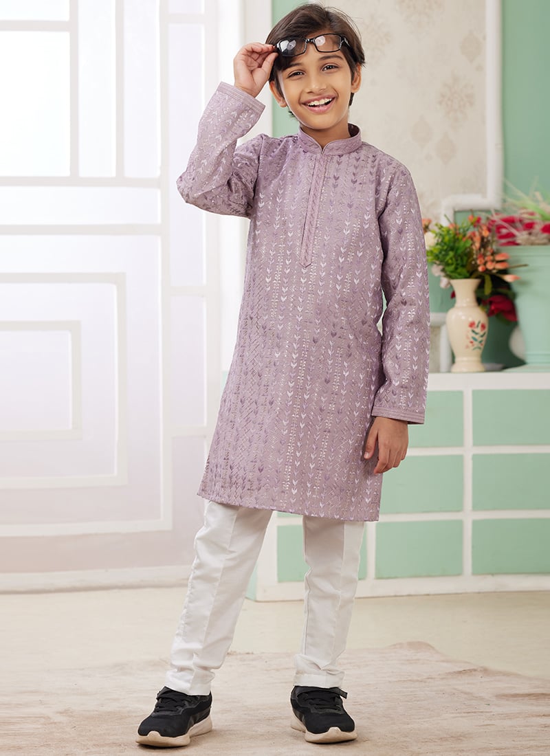 Lilac Silk Embroidered Sequins Kids Boys Kurta Pyjama Festive Wear