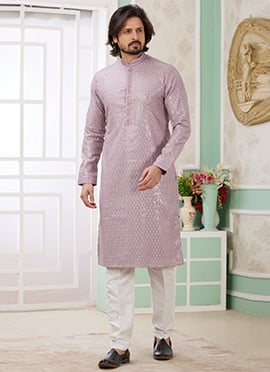 Lilac Silk Embroidered Sequins Kurta Pyjama For Men
