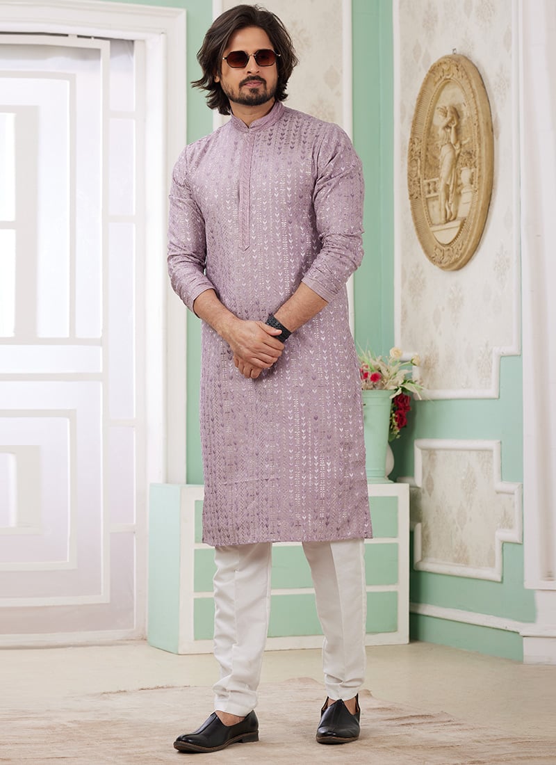 Lilac Silk Embroidered Sequins Kurta Pyjama For Men