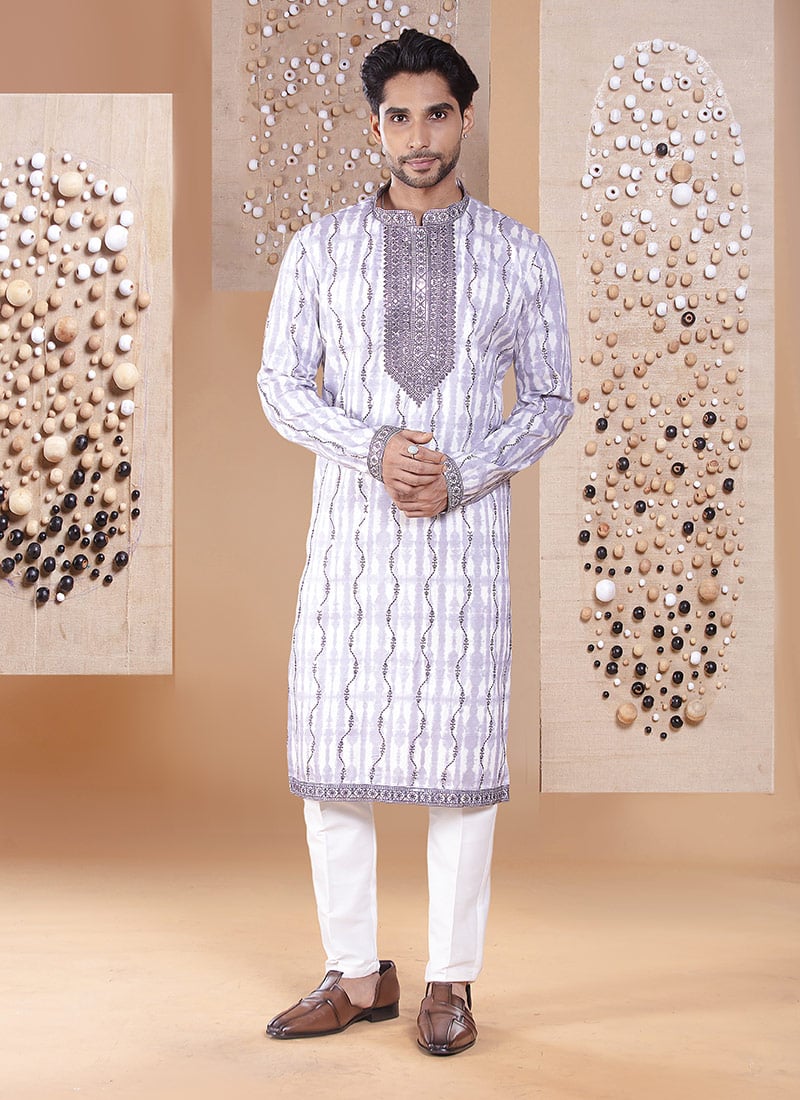 Lilac Silk Embroidered Sequins Kurta Pyjama Festive Wear